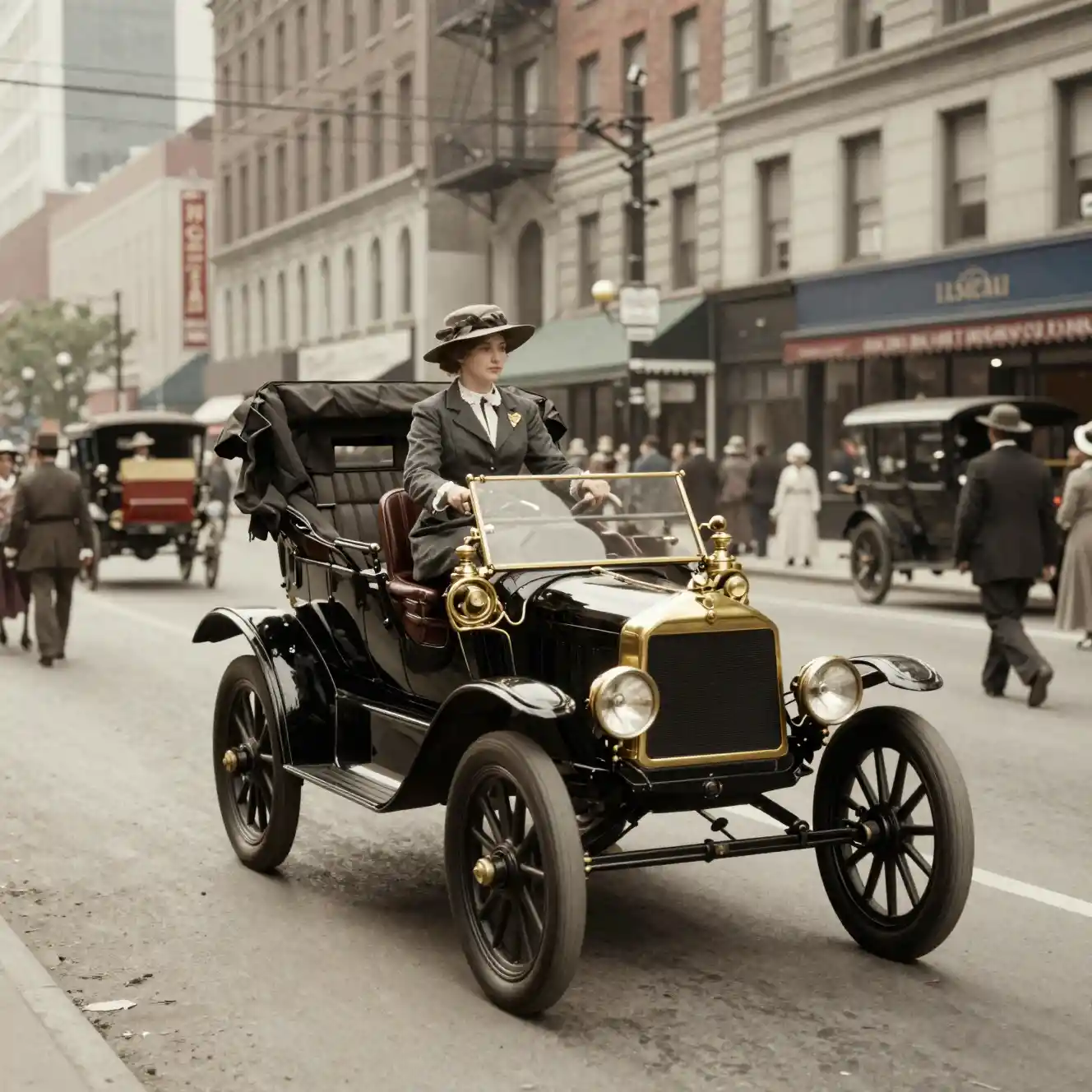 A Ford Model T drives through early twentieth-century New York