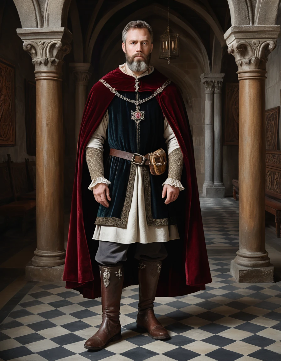 A bearded man in a Renaissance portrait at a medieval castle