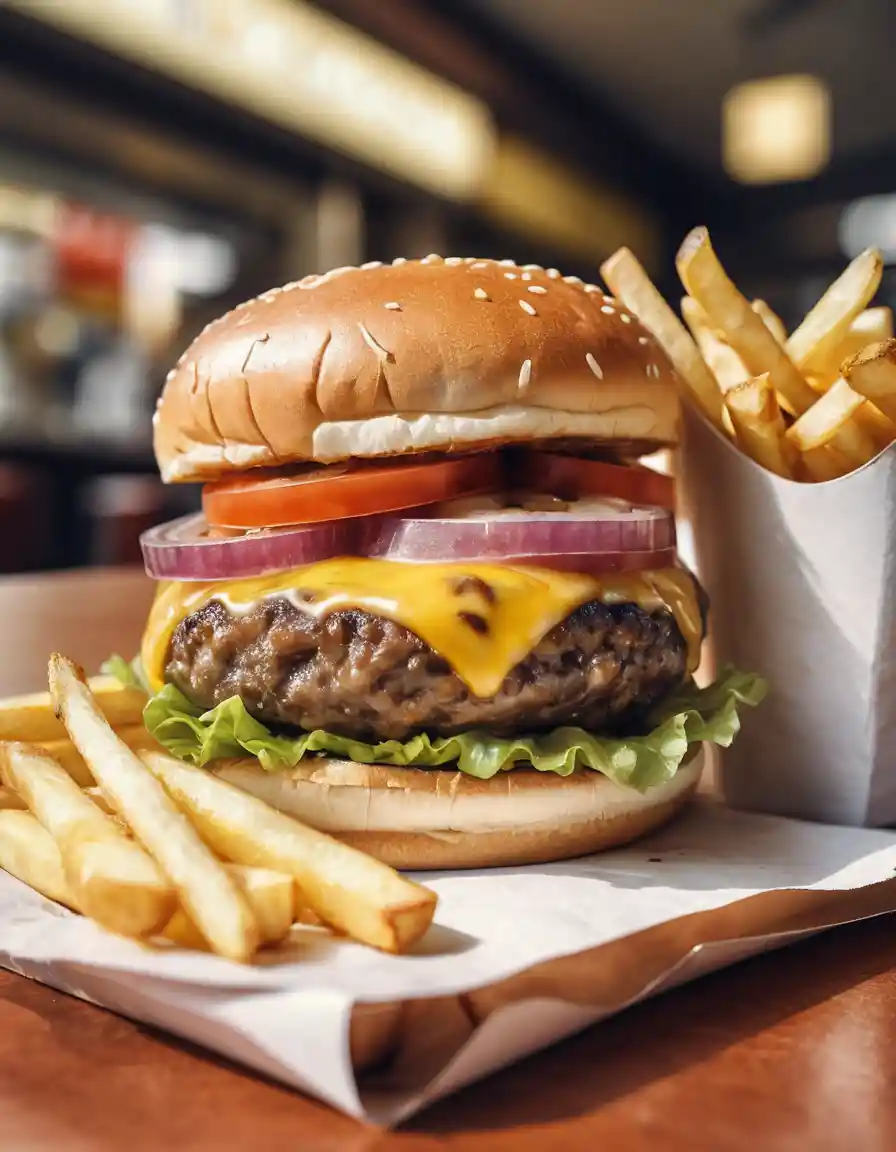A close-up cheeseburger with fries on a fast food outlet table