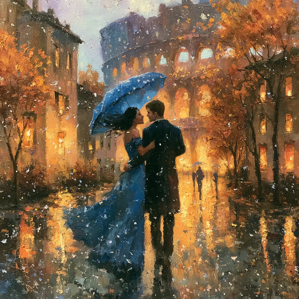 A Couple Strolls Toward the Colosseum on a Rainy Autumn Evening