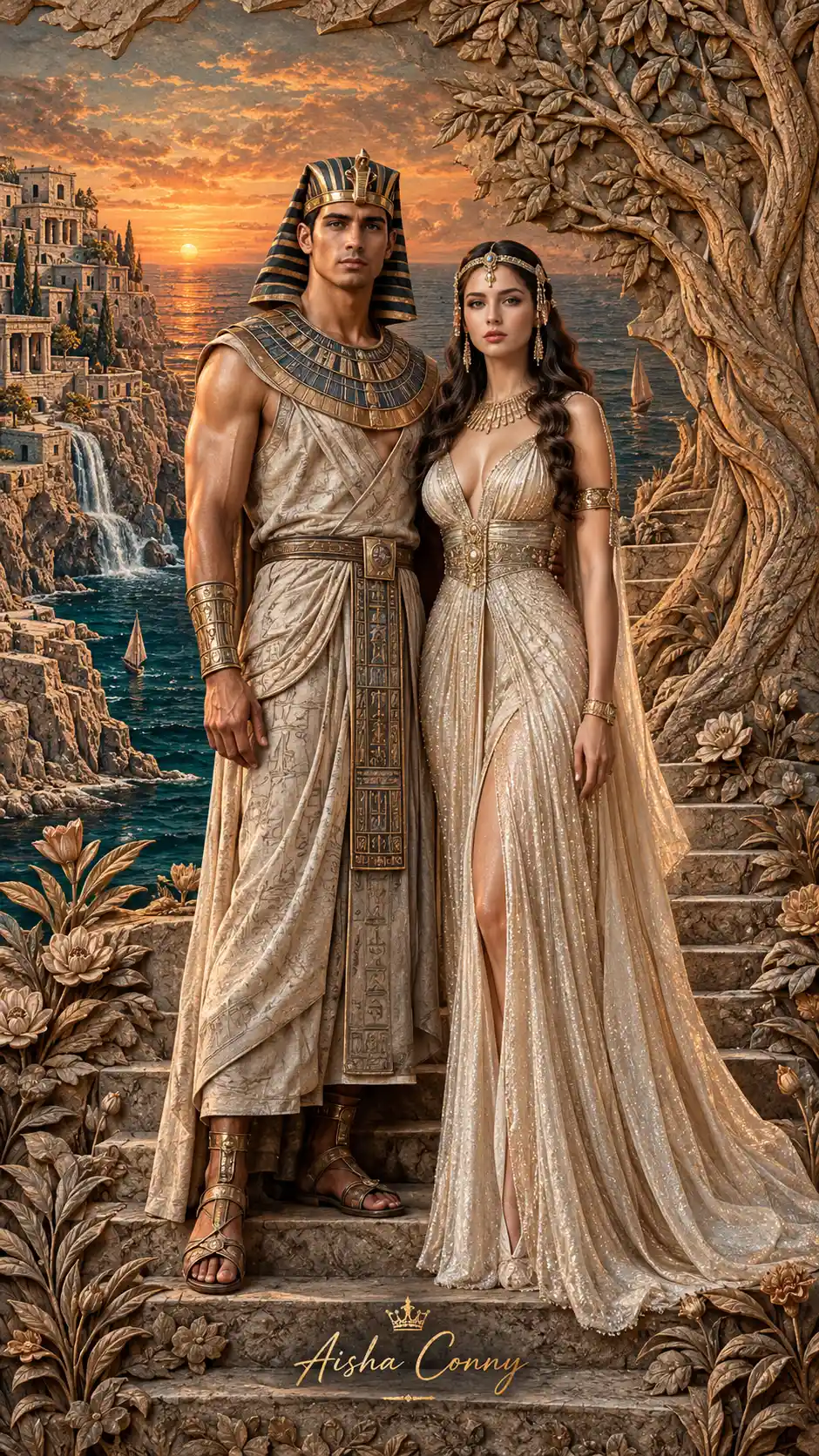 Ein ägyptischer Pharao und eine Königin stehen in einem gemeißelten Steinrelief
