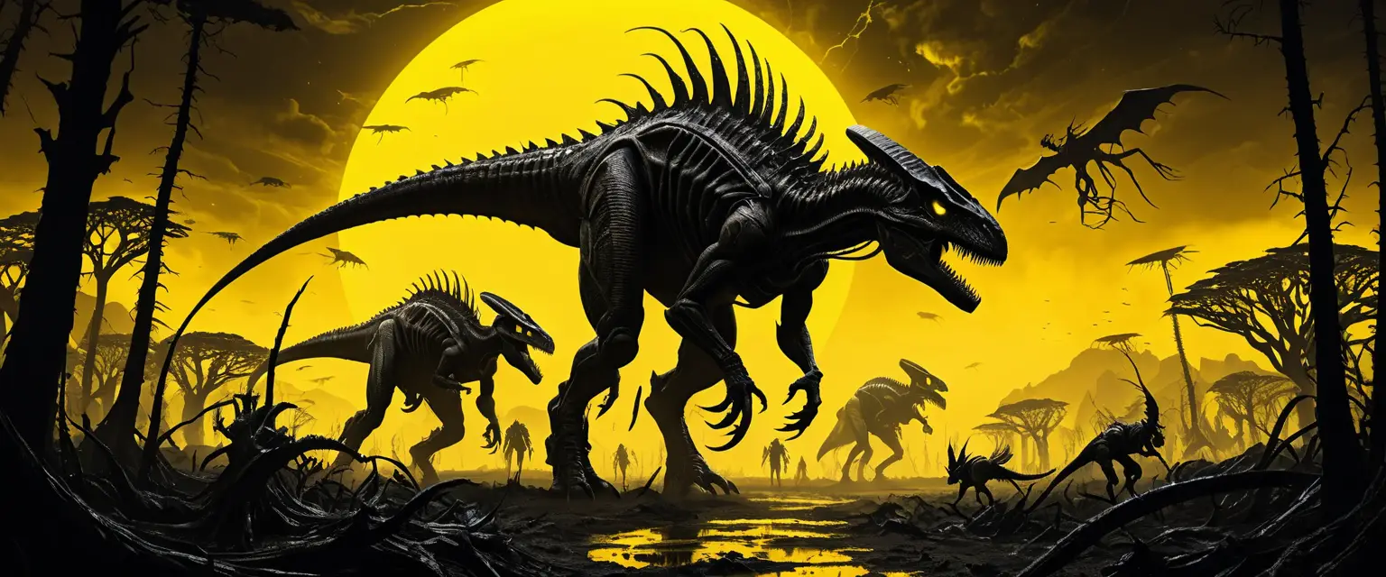 Black crystal-spiked dinosaurs walk across barren terrain with withered trees