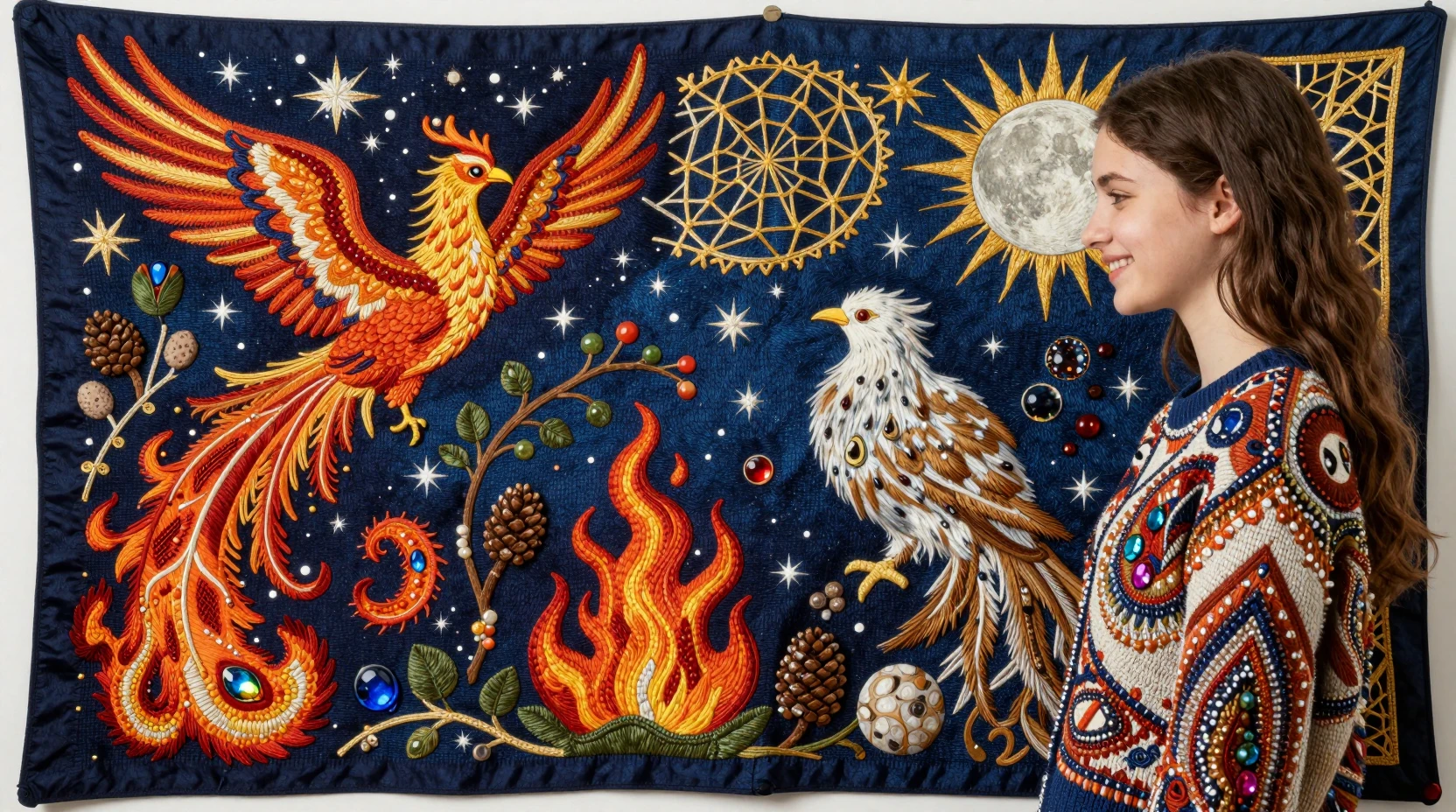 Ein lächelndes Mädchen in einer Strickjacke mit Seidenstickerei