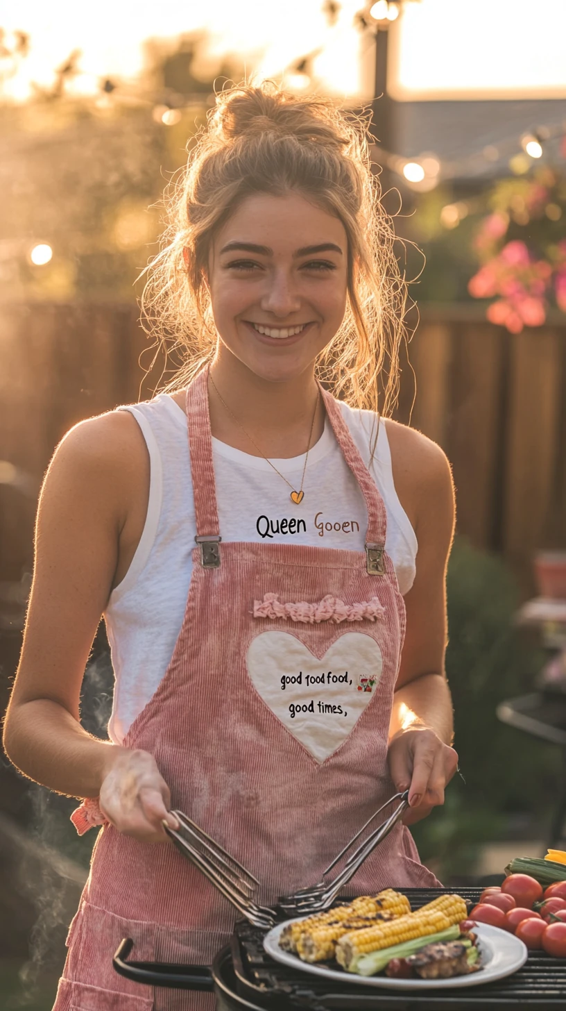 Young woman grilling in a sunlit backyard at golden hour