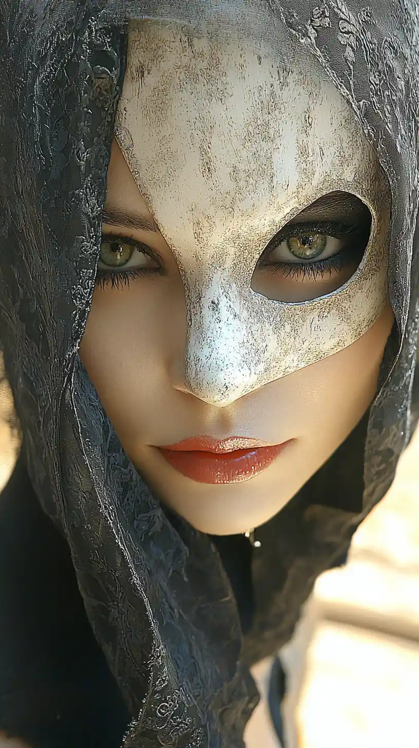A fashionable woman plays with a mask against a detailed background