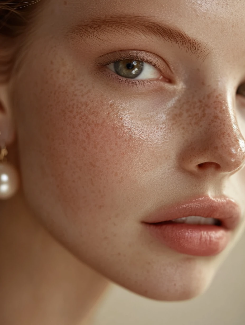 A close beauty portrait of a woman with pearl accents