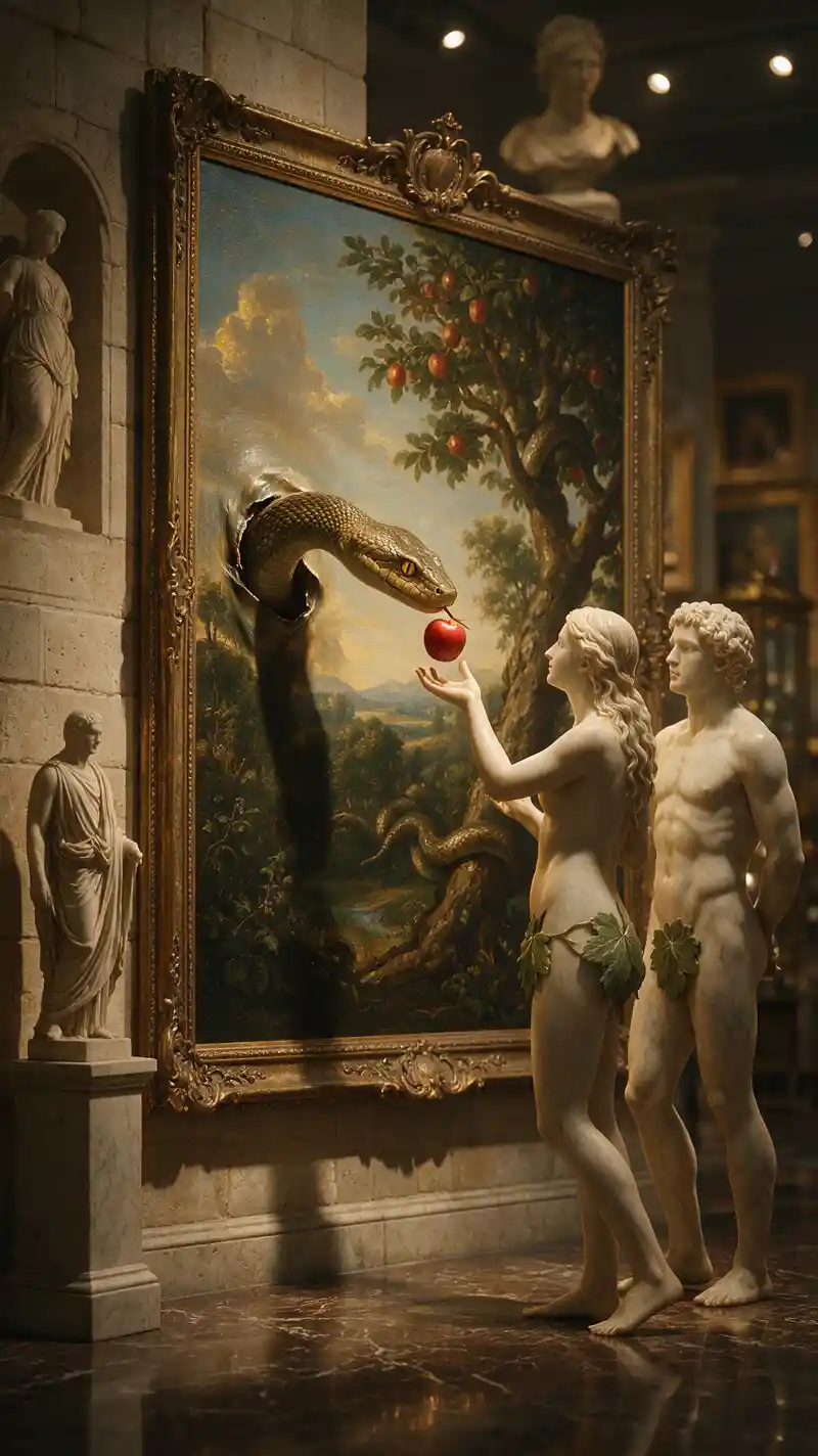 Adam and Eve Stand Before a Garden of Eden Painting in a Museum