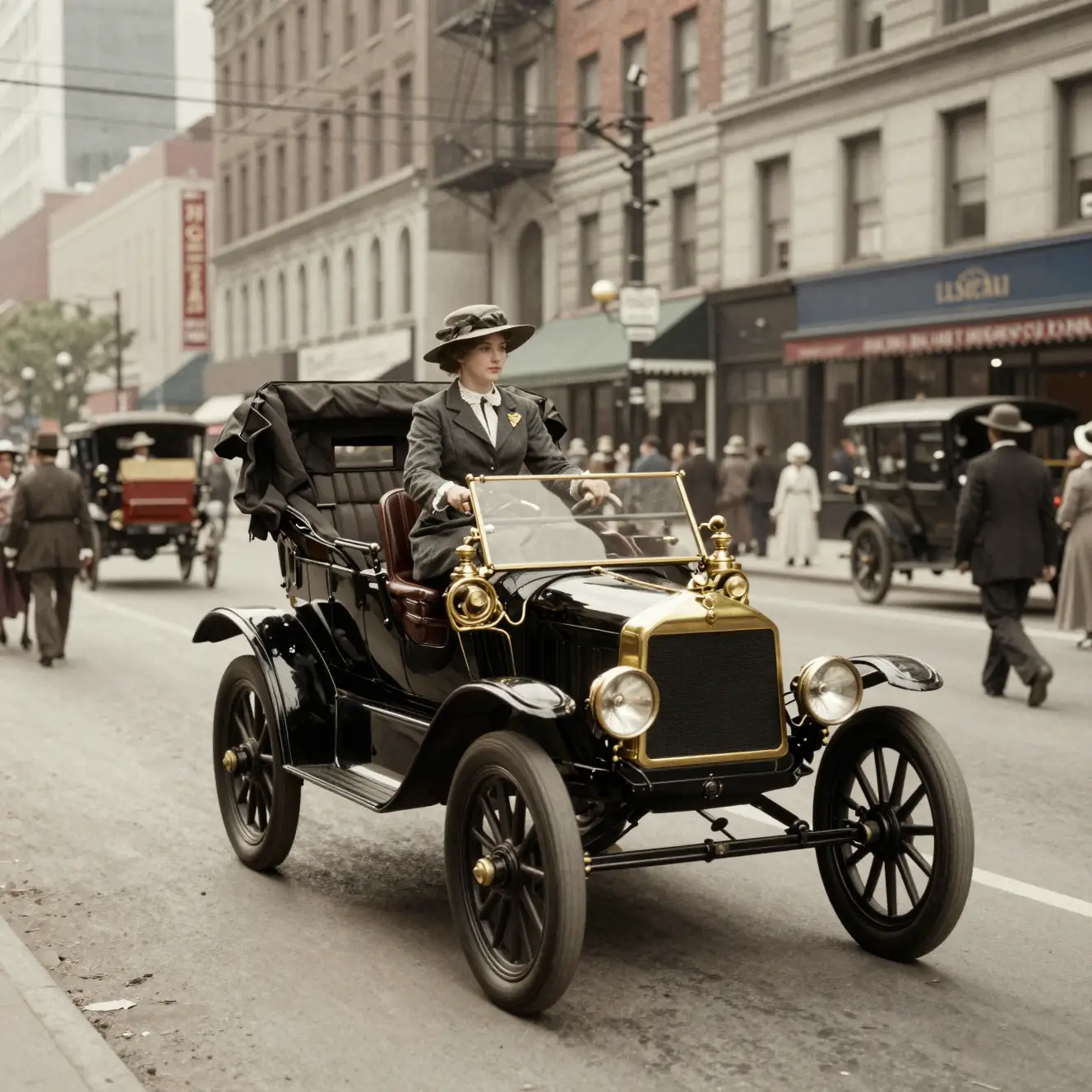 A Ford Model T drives through early twentieth-century New York
