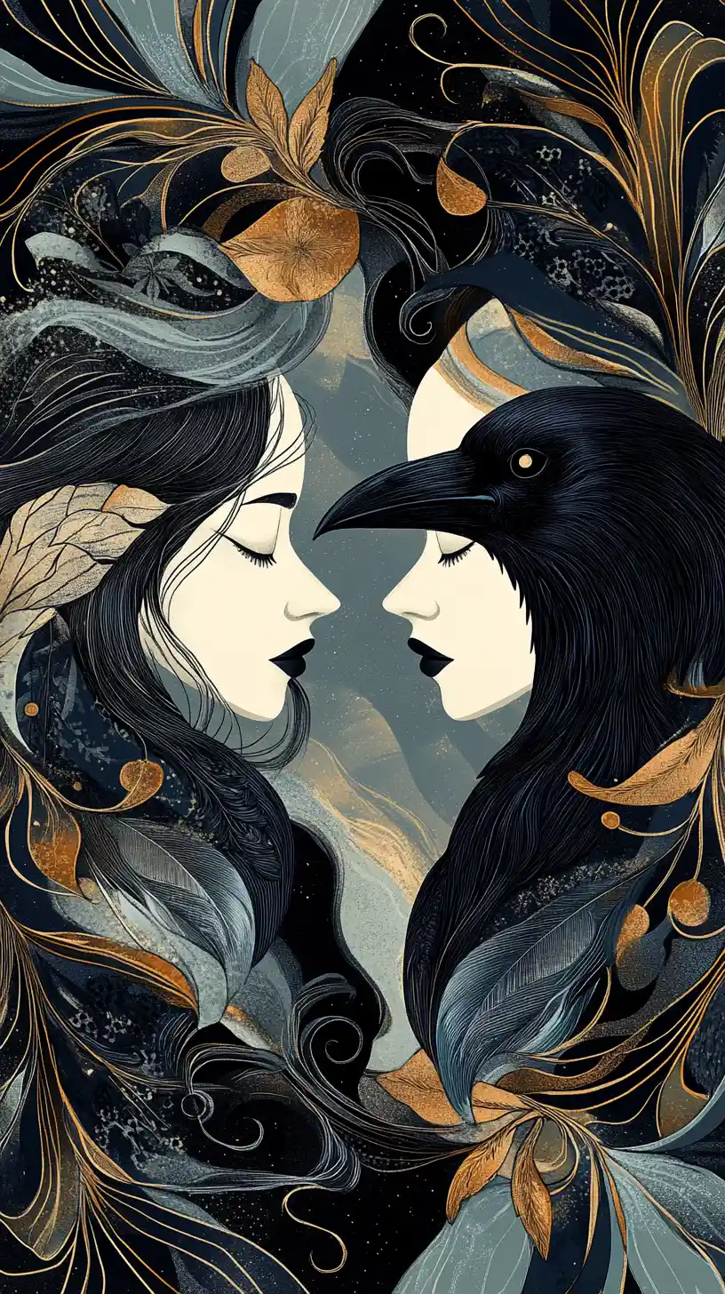 A woman and raven face opposite ways in intertwined ornament