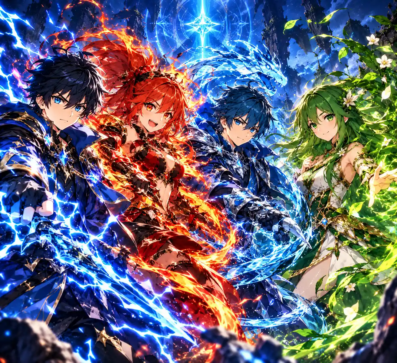 Four Anime Characters Take Battle Stances Amid Glowing Elemental Energy