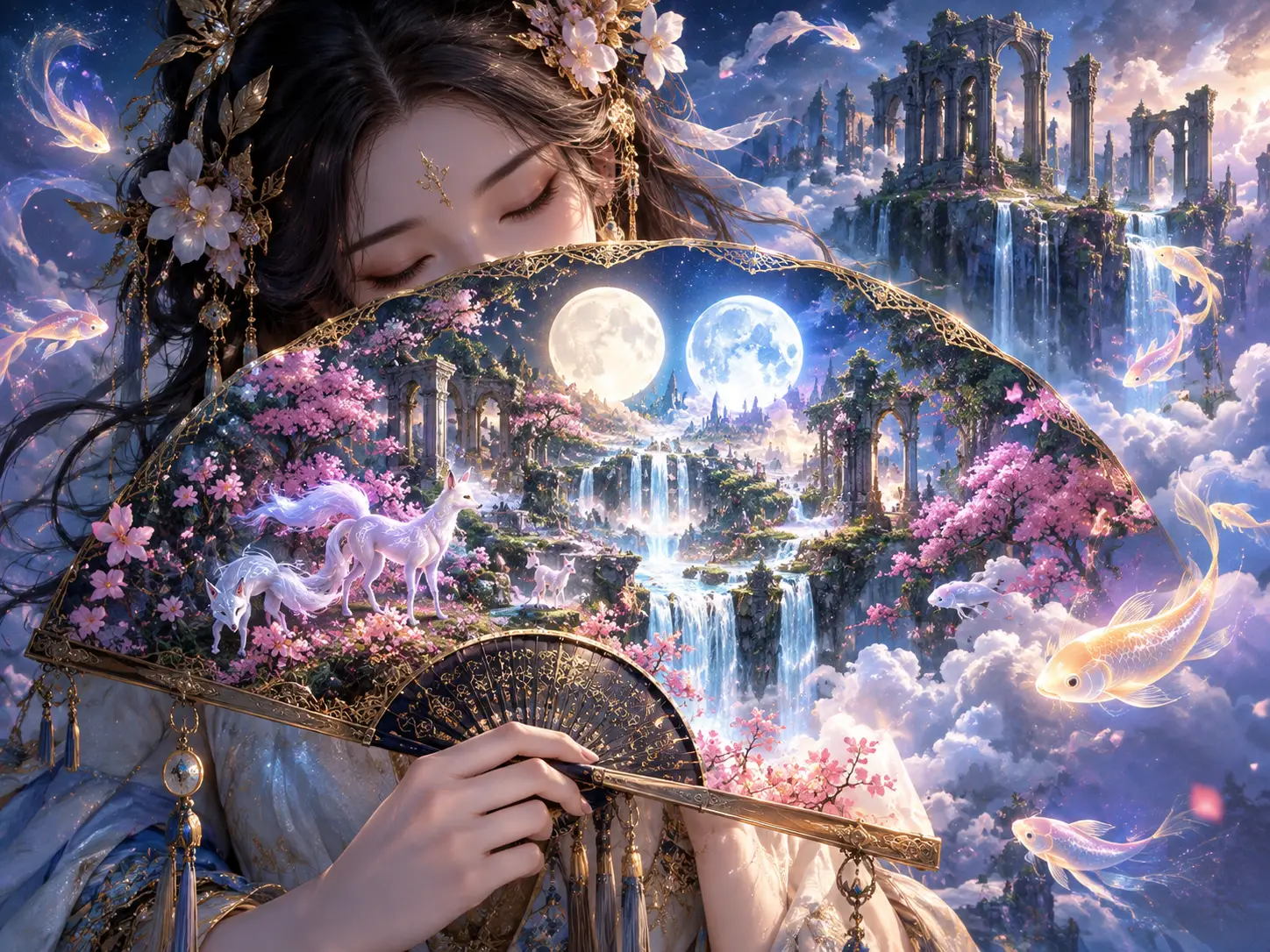 A Sleeping Goddess Conceals Her Face Behind a Moonlit Garden Fan