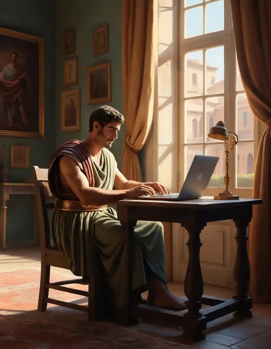 A Roman Scribe Uses a Laptop at a Table in a Classical Room