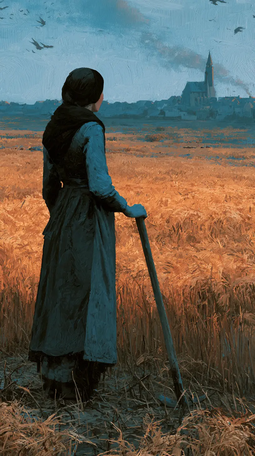 A solitary peasant woman pauses with her hoe beside a harvested field