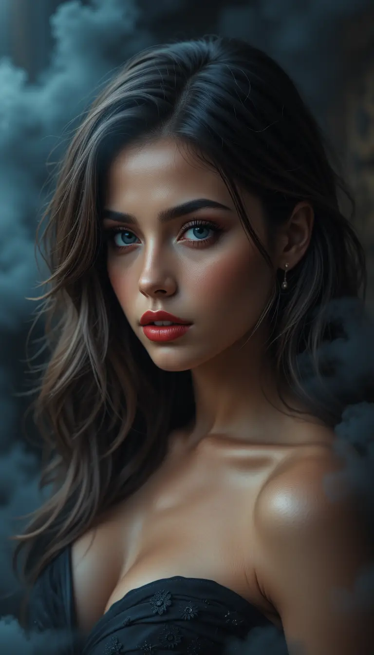 A photorealistic woman's portrait with sapphire eyes and red lipstick