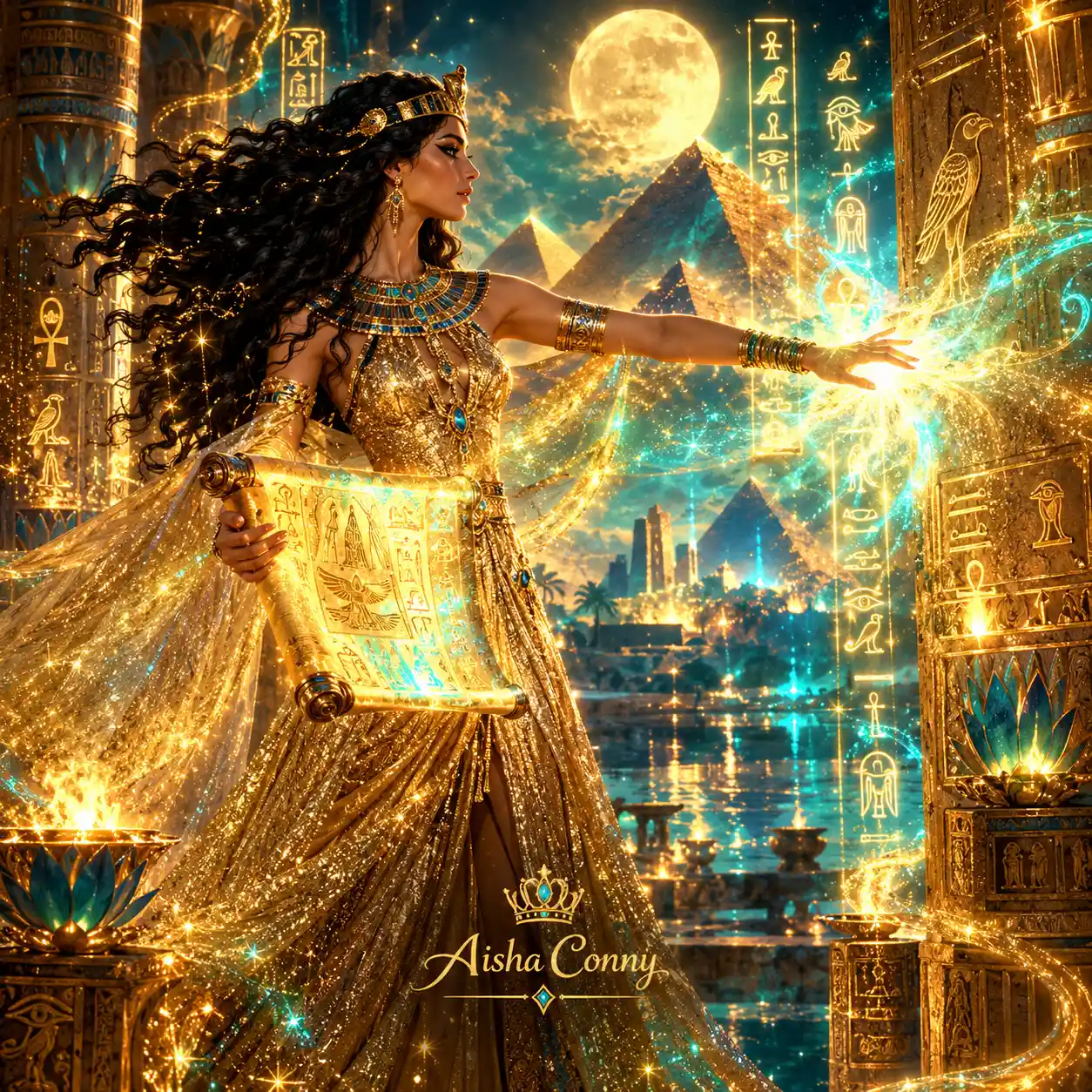 Eine ägyptische Königin hält einen leuchtenden Papyrus und trägt ein schimmerndes goldenes Gewand