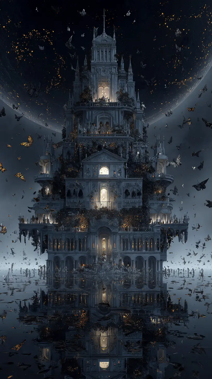An upside-down Victorian ballroom floats above a vast black ocean