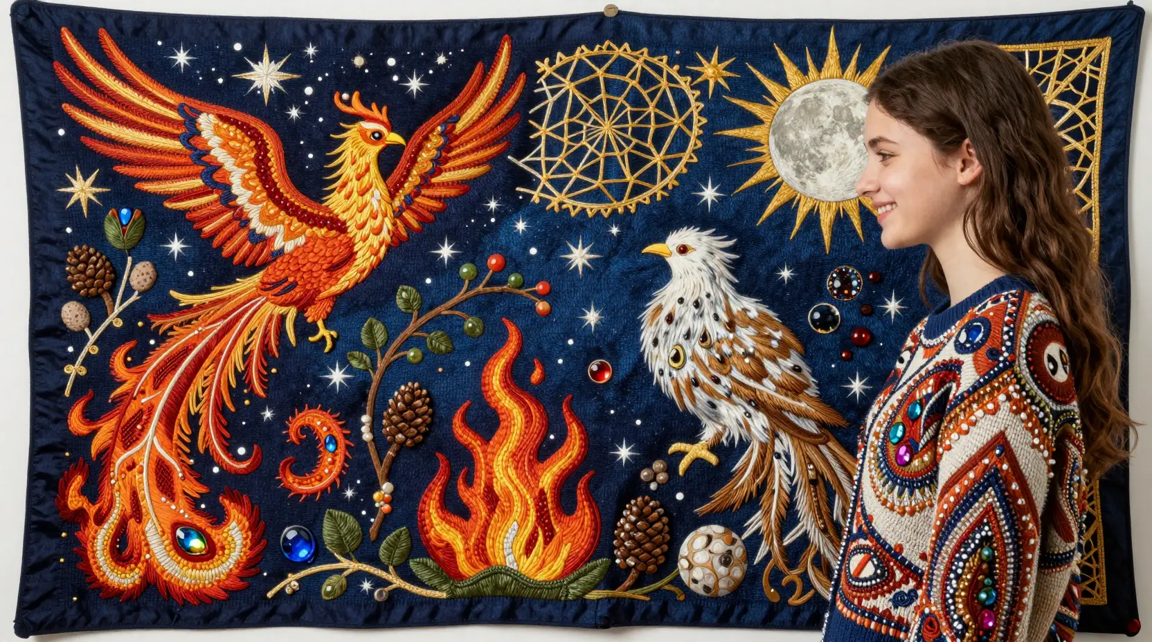 A smiling girl in a knitted jacket with silk embroidery