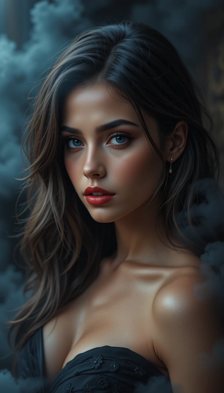A photorealistic woman's portrait with sapphire eyes and red lipstick
