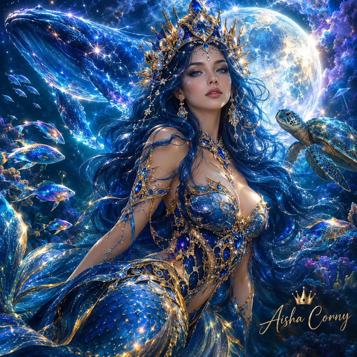 A cosmic mermaid queen floats through a luminous underwater galaxy