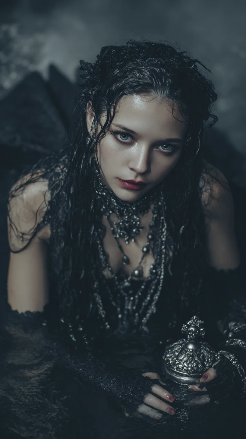 A gothic queen lies beneath cold mist in a shallow pool