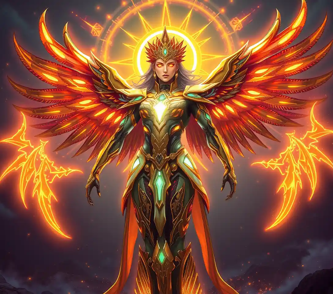 A cybernetic sun goddess rises with radiant wings and golden armor