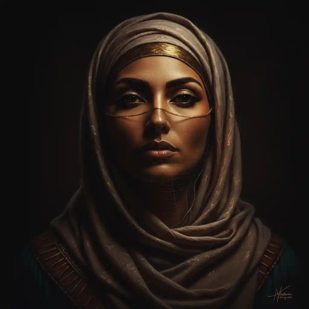 Egyptian Woman Wearing a Veil in Dramatic Chiaroscuro Light