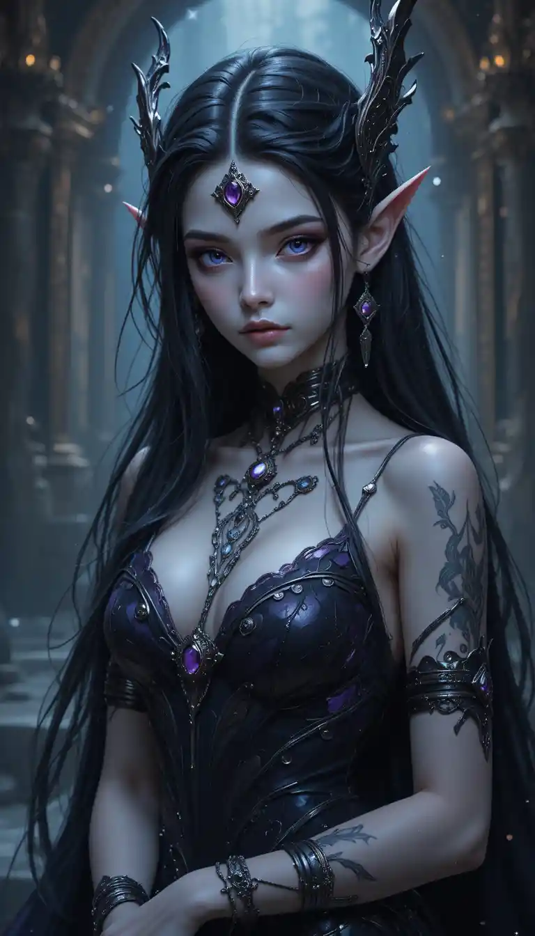 Donna elfa oscura in stile anime con lunghi capelli avvolti da bende e gioielli regali