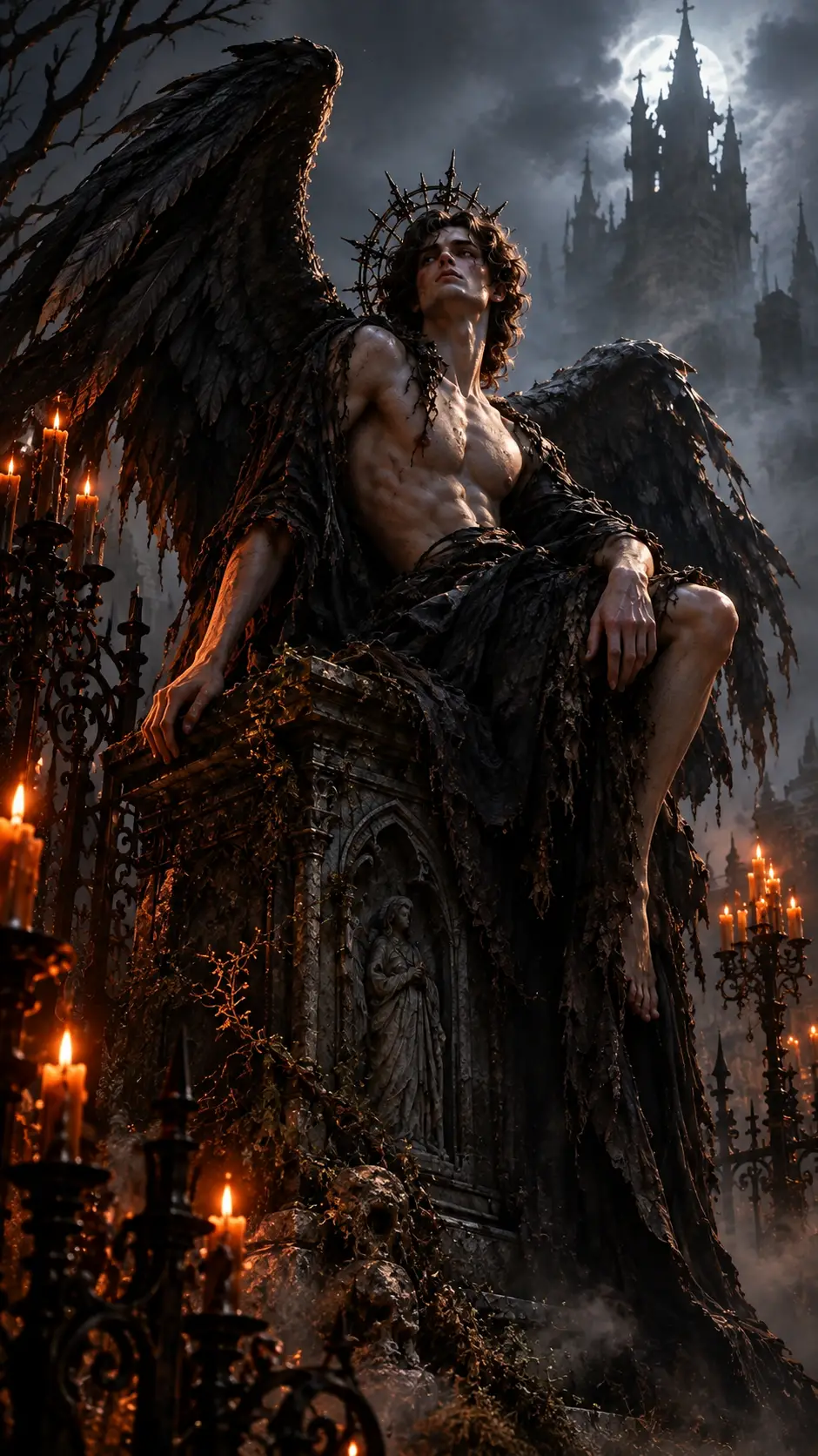 Fallen angel posed on a crumbling tomb in a Victorian graveyard