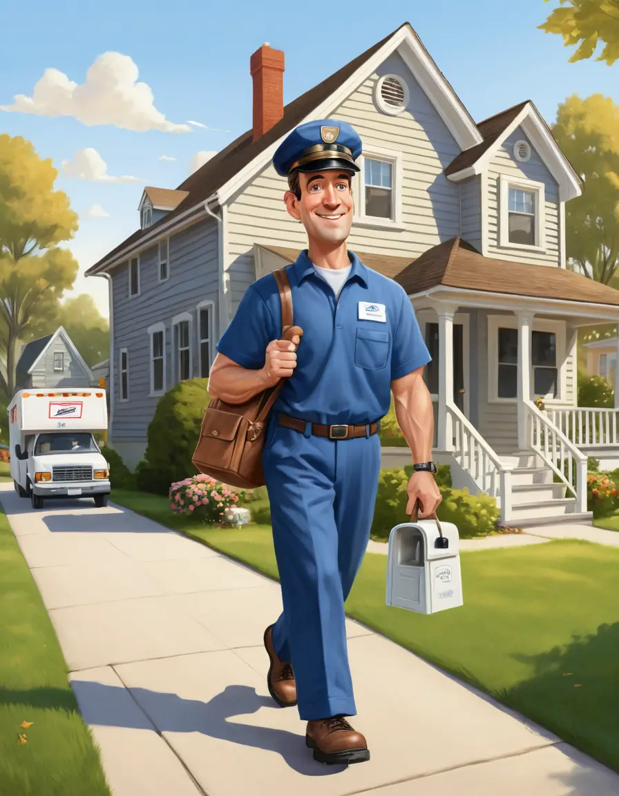 A postal worker delivers mail through a peaceful suburban neighborhood