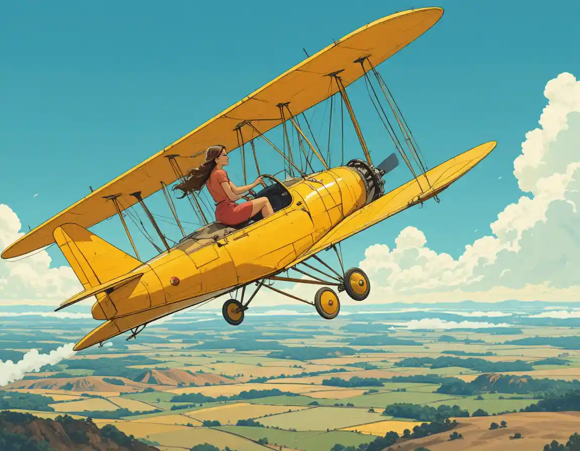 Una donna nella cabina di pilotaggio di un biplano giallo sopra un paesaggio degli anni '30