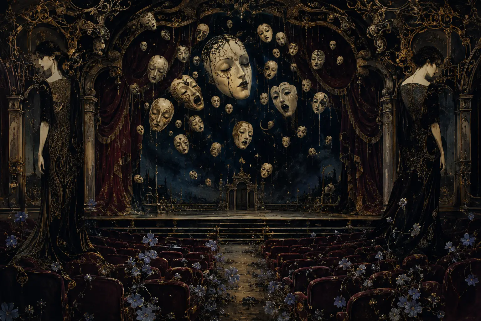 Hundreds of theatrical masks drift above an abandoned velvet stage