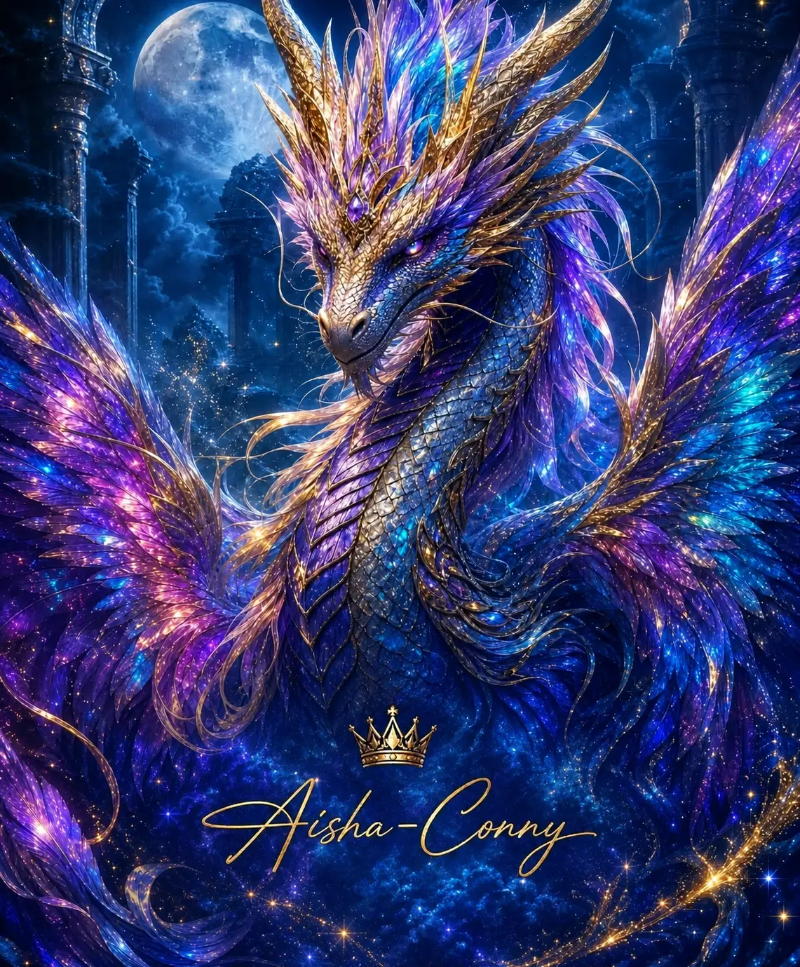 A moonlit dragon with glowing wings, scales, and a golden crown