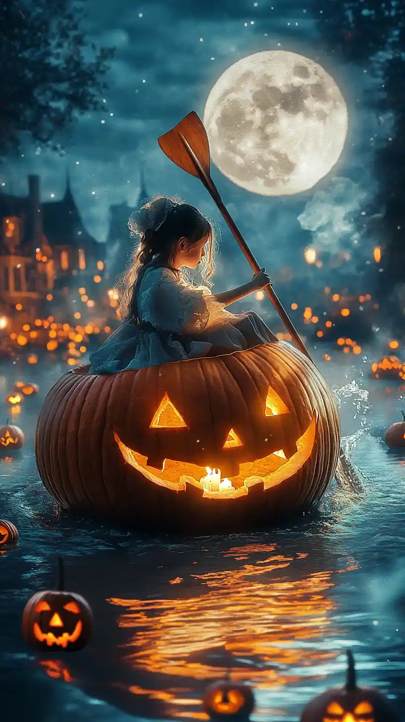A Figure Rows a Glowing Pumpkin Boat Across a Moonlit River
