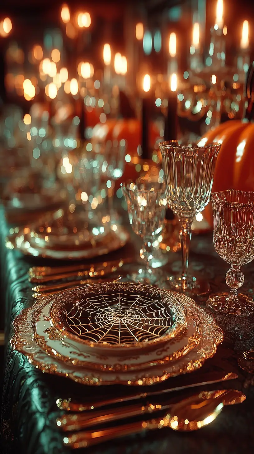 An ornate Halloween tablescape with gilded tableware and flickering candlelight