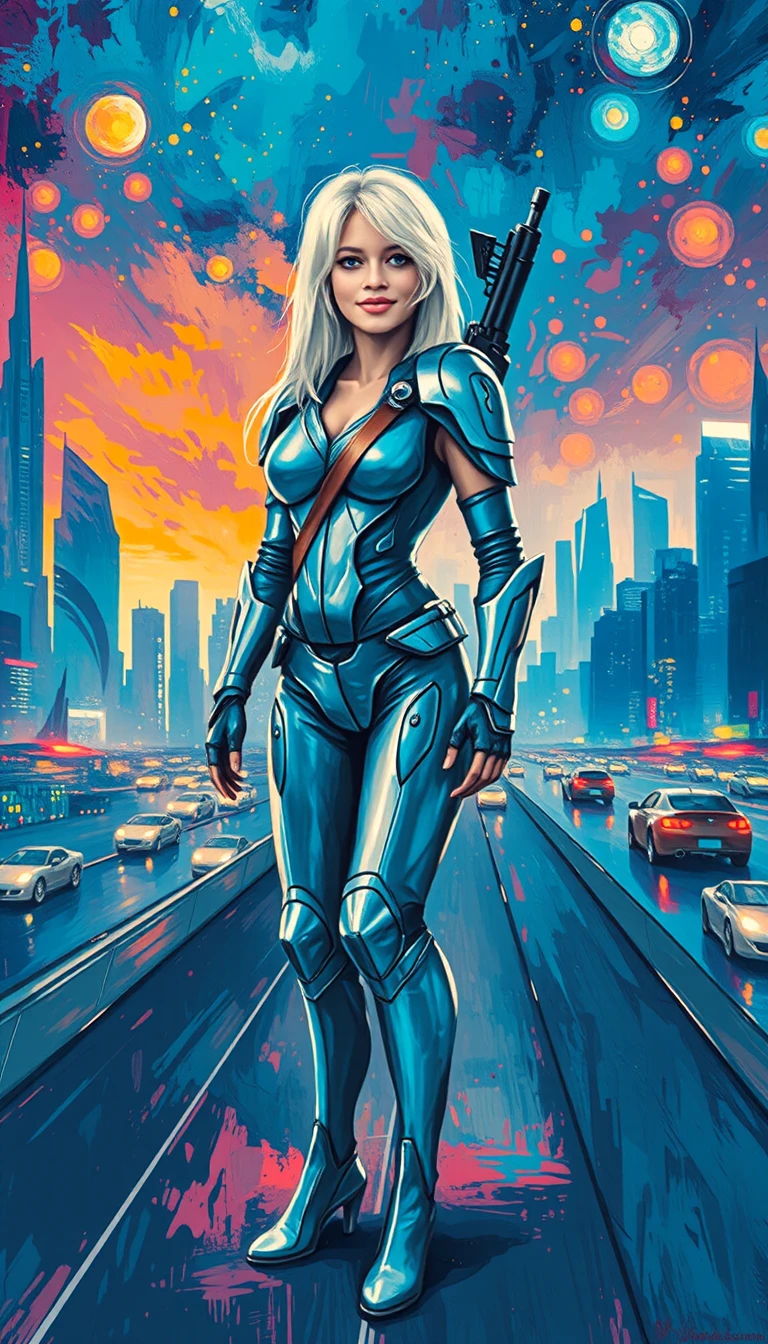 Uma mulher com armadura futurista posa com confiança em uma passarela urbana