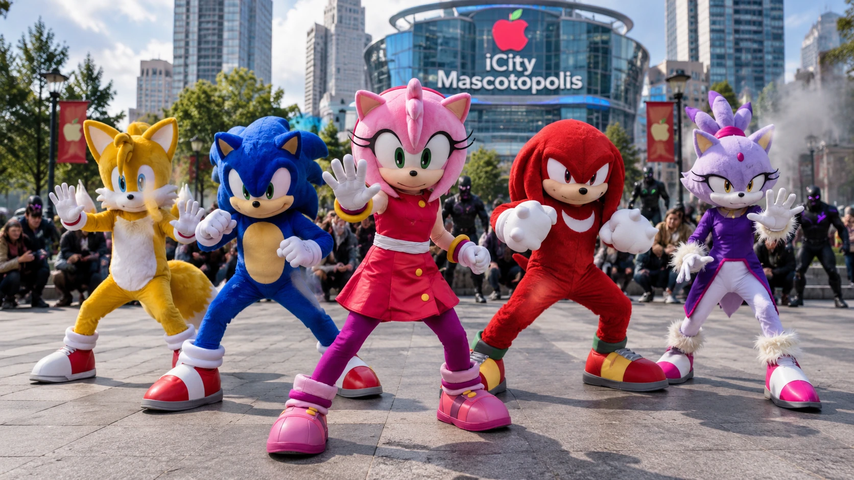 街で市民をスーパーヴィランから守る5人のマスコット