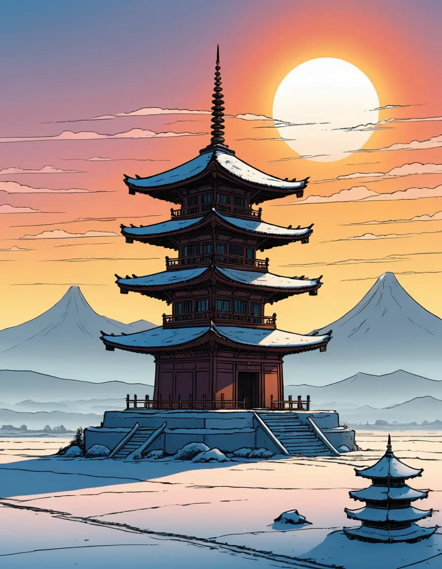 A Pagoda Emerges Through Mist Across a Snowy Plain at Dawn