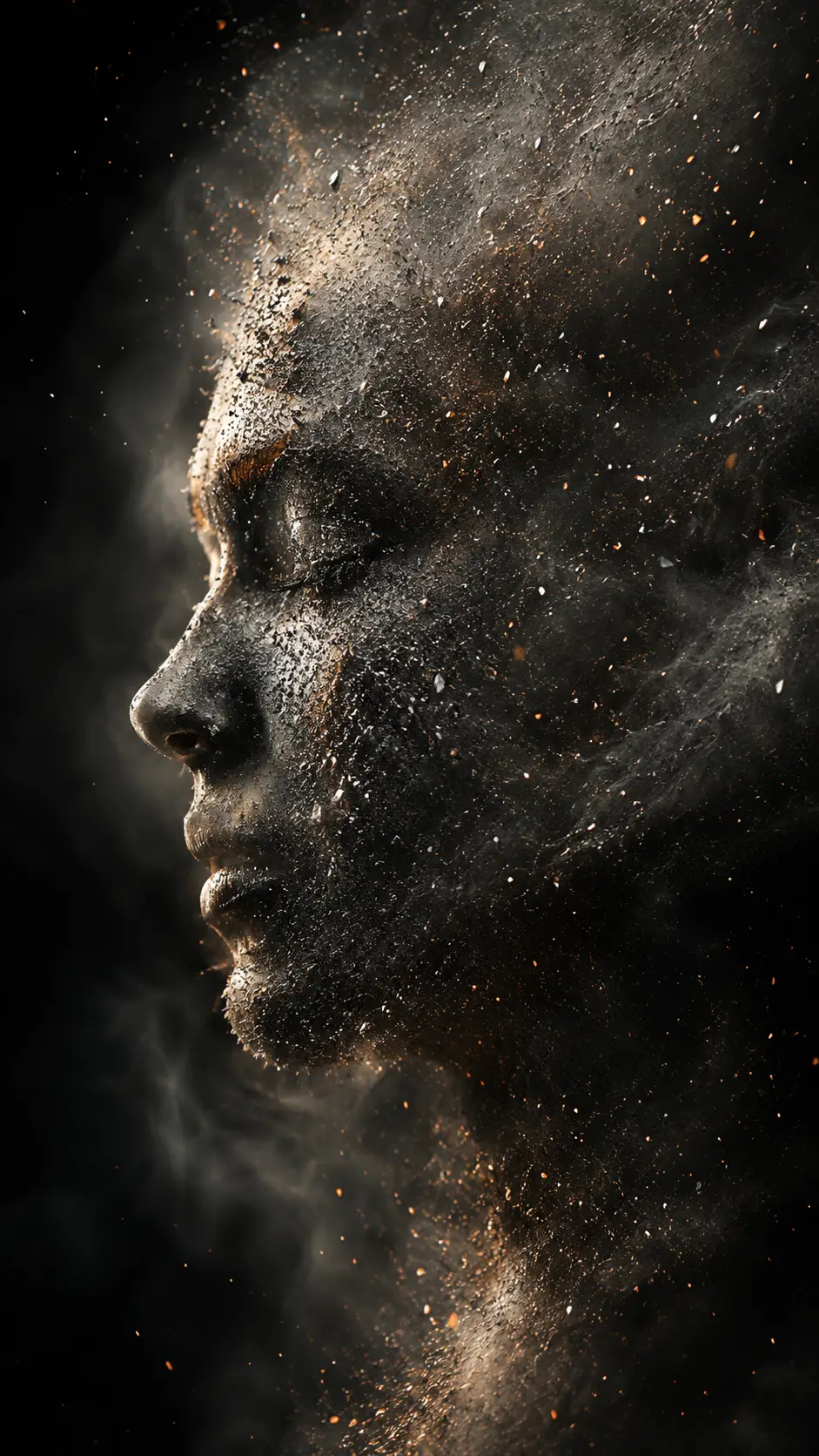 A human profile emerging from a cloud of delicate ash particles