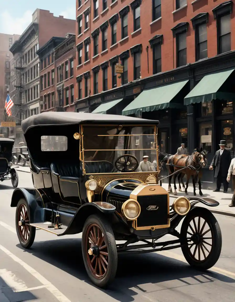 Ein schwarzes Model T fährt durch eine belebte Straße in New York