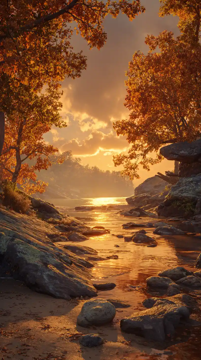 Autumn River Glows Beneath Storm Clouds Among Golden Light and Colorful Oak Trees