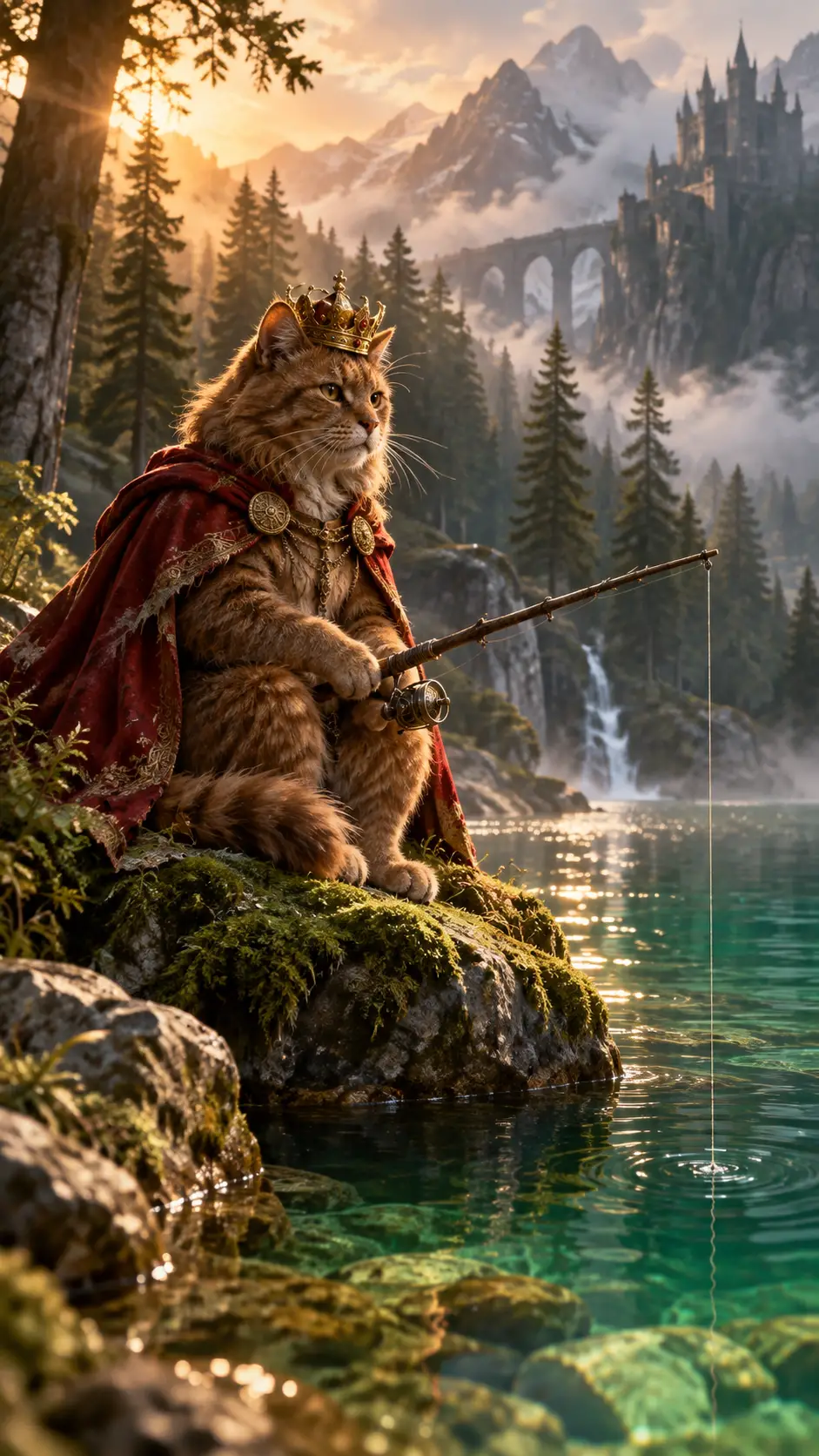 A royal cat fishes beside a misty mountain lake