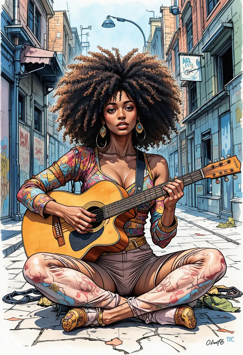 A Hippie Woman Plays Guitar Cross-Legged Against an Urban Street Backdrop