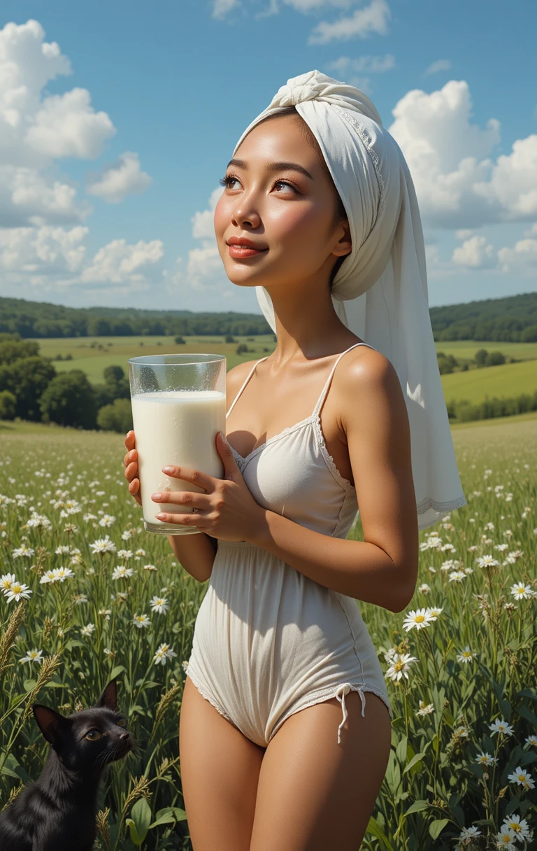 A Red-Haired Young Woman Holds a Glass Jar of Milk Outdoors