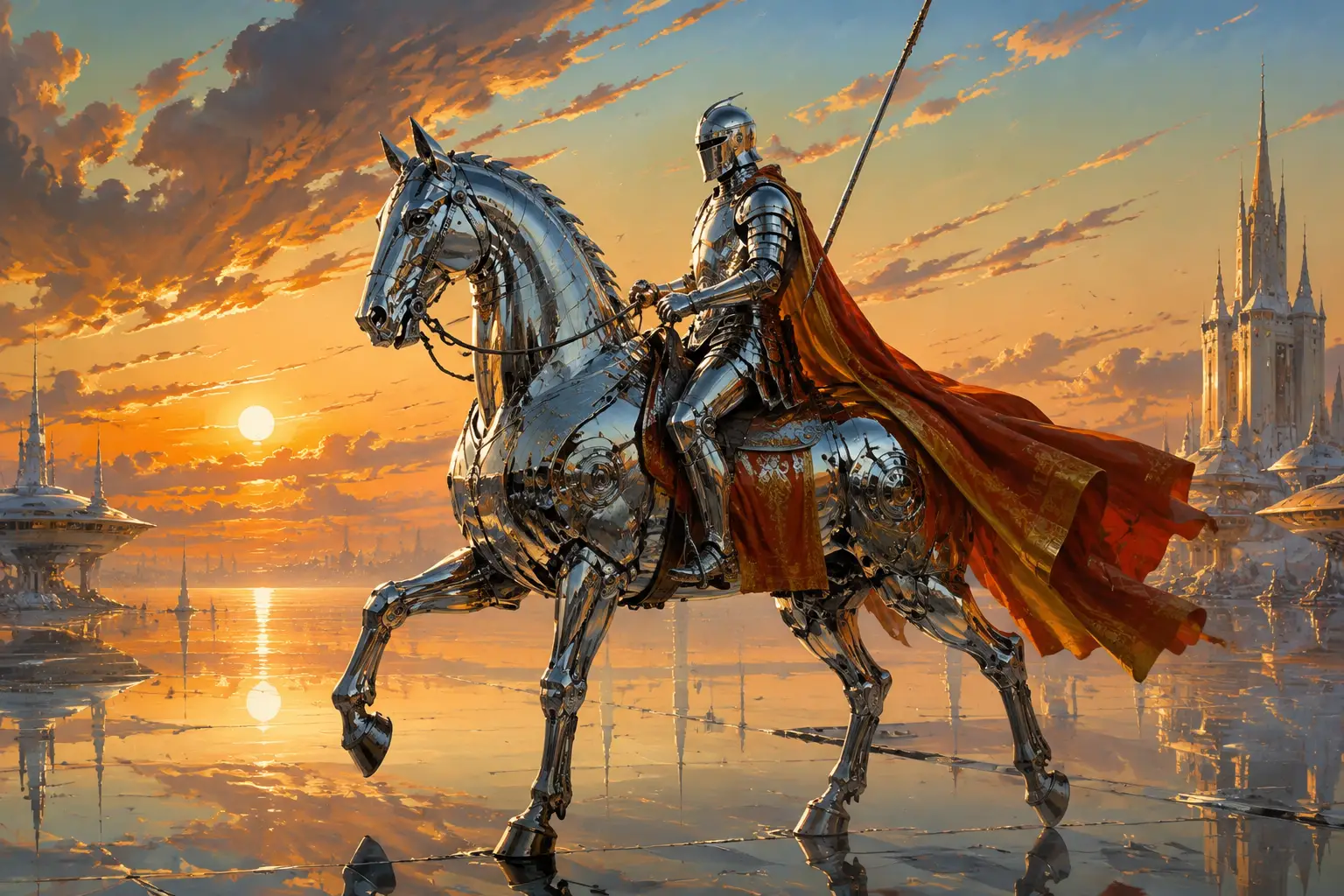 A chrome knight rides a mechanical horse across a glass desert