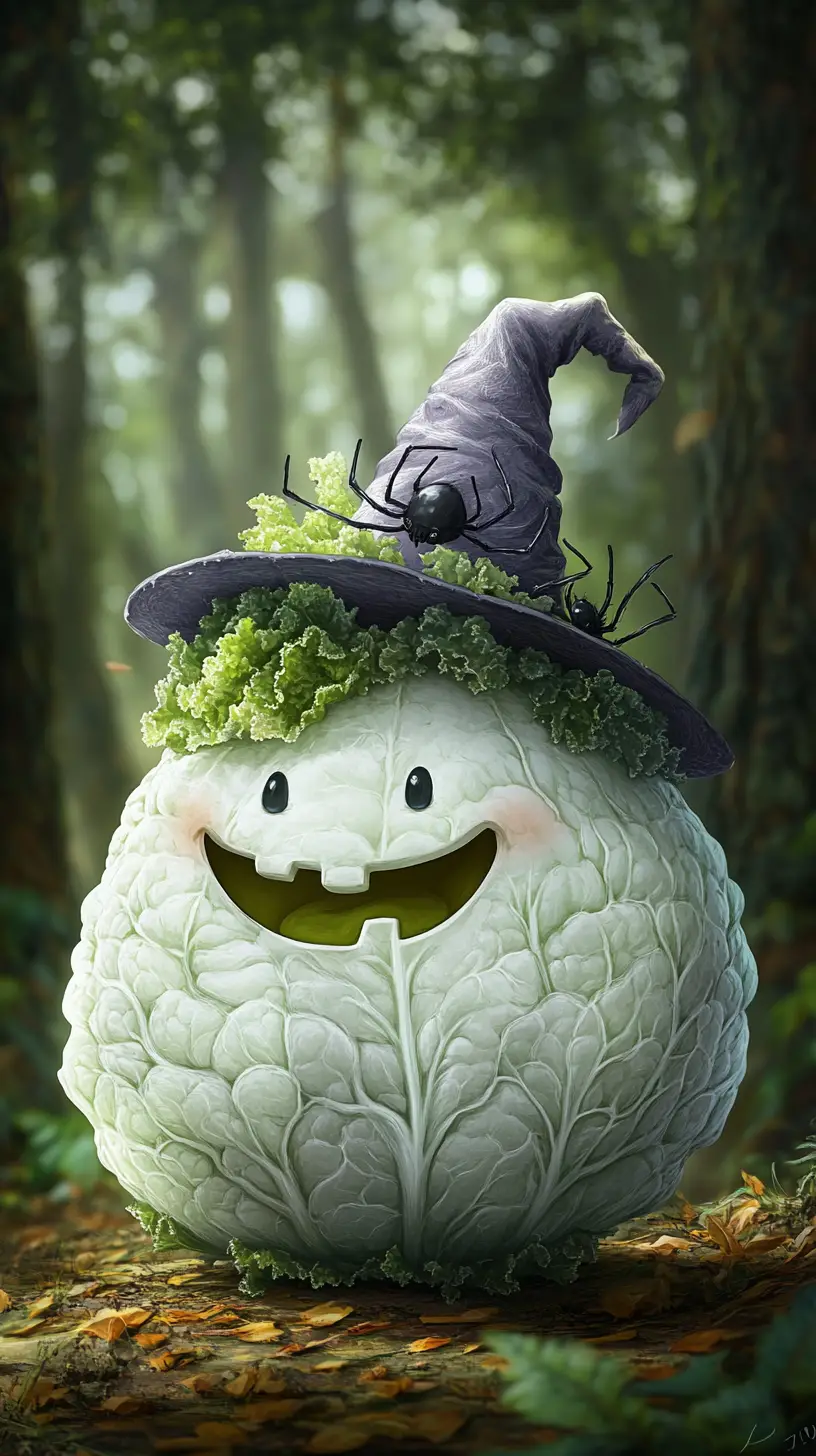 A Grinning Cabbage Ghost in a Felt Halloween Hat with a Spider against Forest