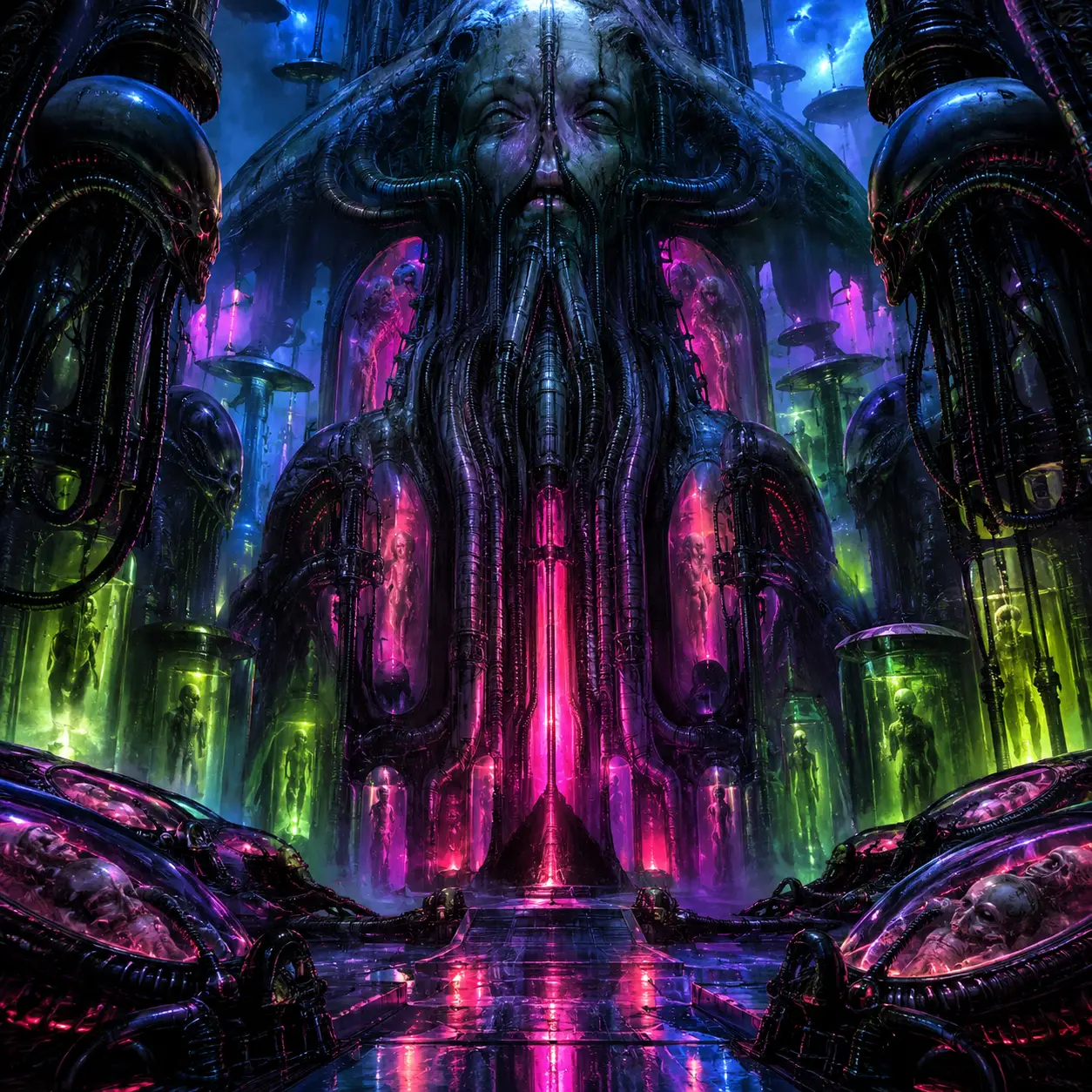 A dark foreboding scene glowing with vivid neon colors