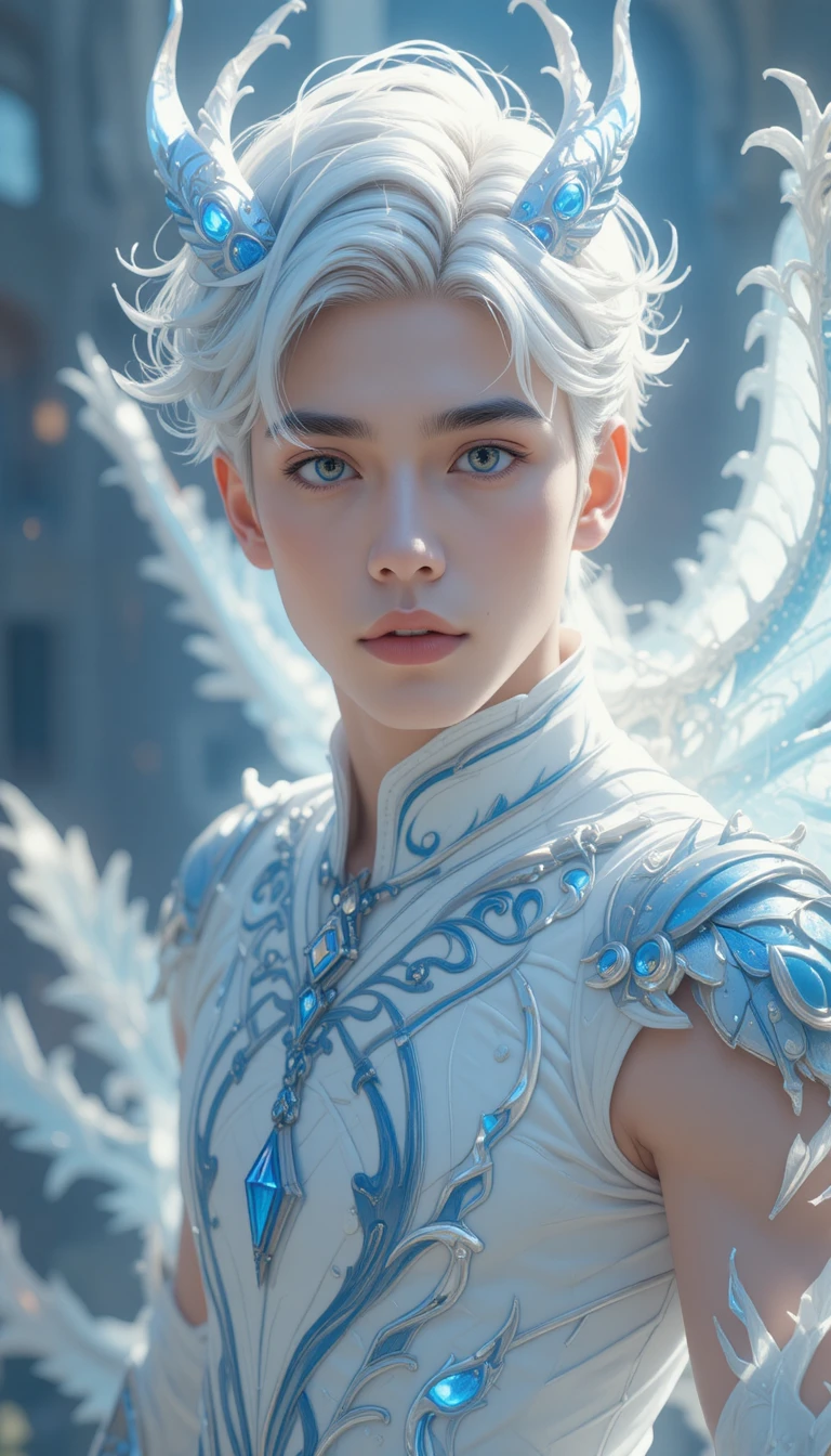 An anime fantasy man with white dragon horns, wings, and a tail