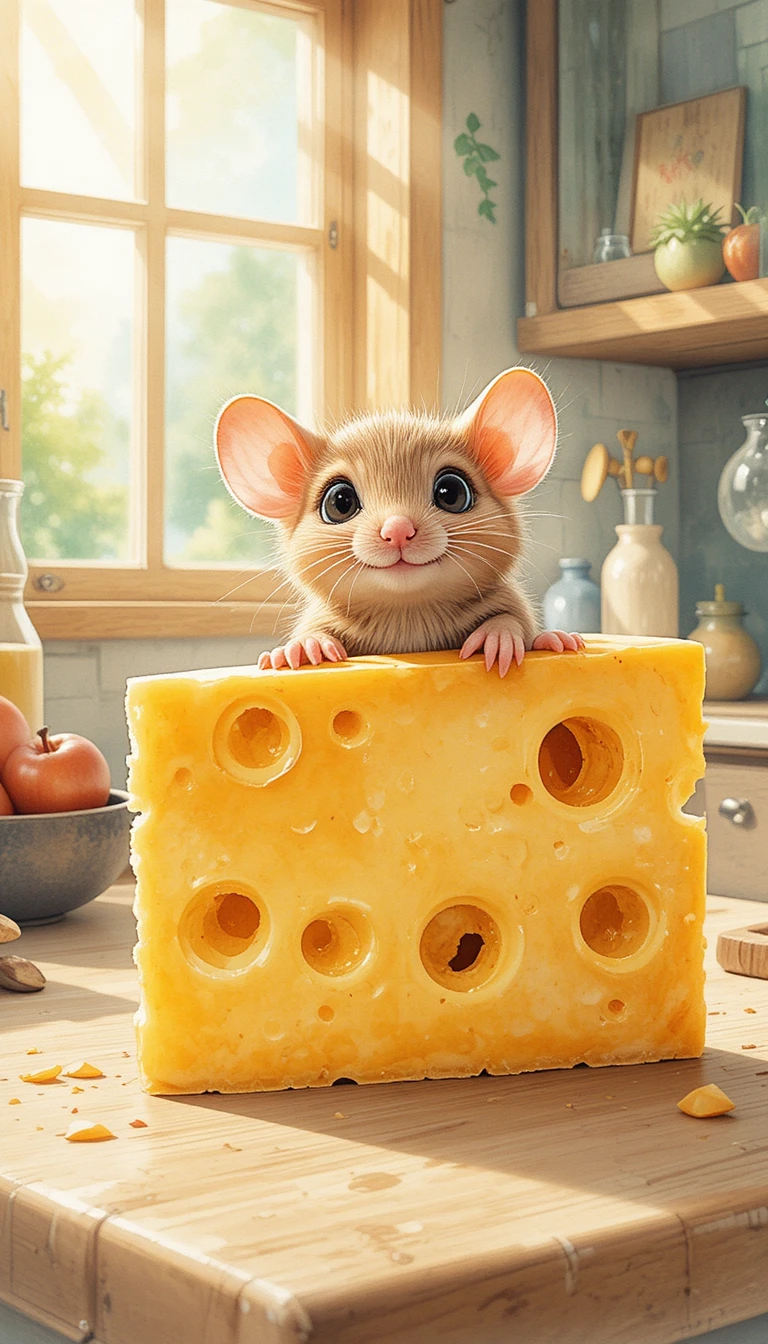 Un topolino sorridente fa capolino da un formaggio svizzero in una cucina illuminata dal sole