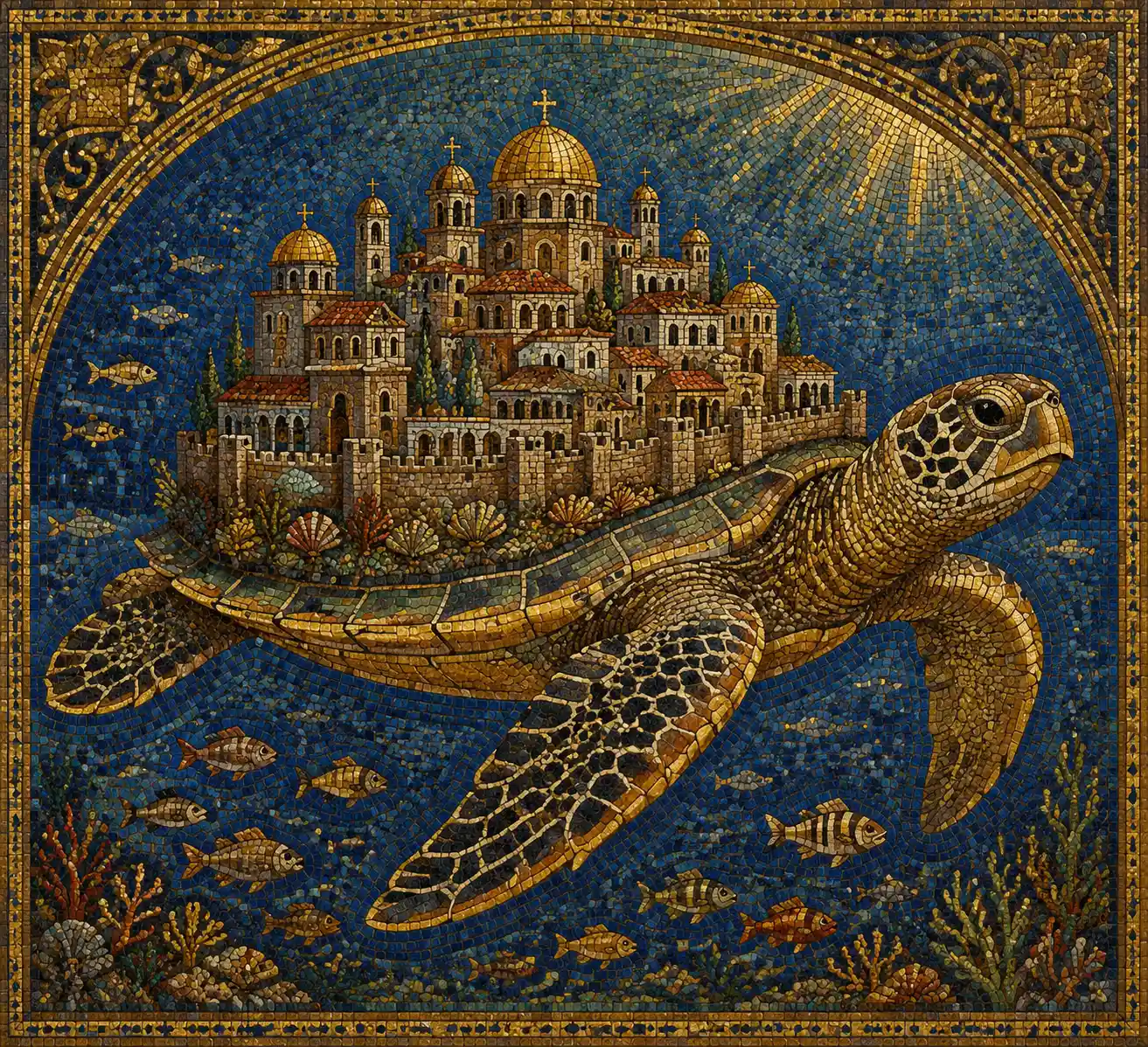 A sea turtle carries a coral city atop its Byzantine mosaic shell