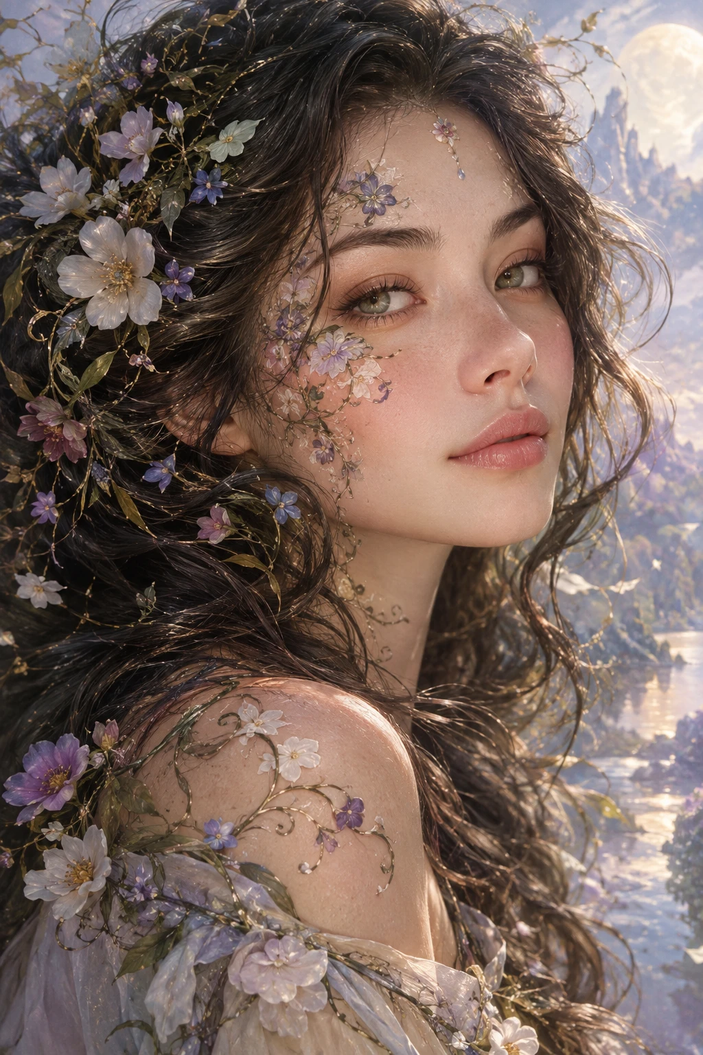 An ethereal woman with floral patterns woven through her face and hair